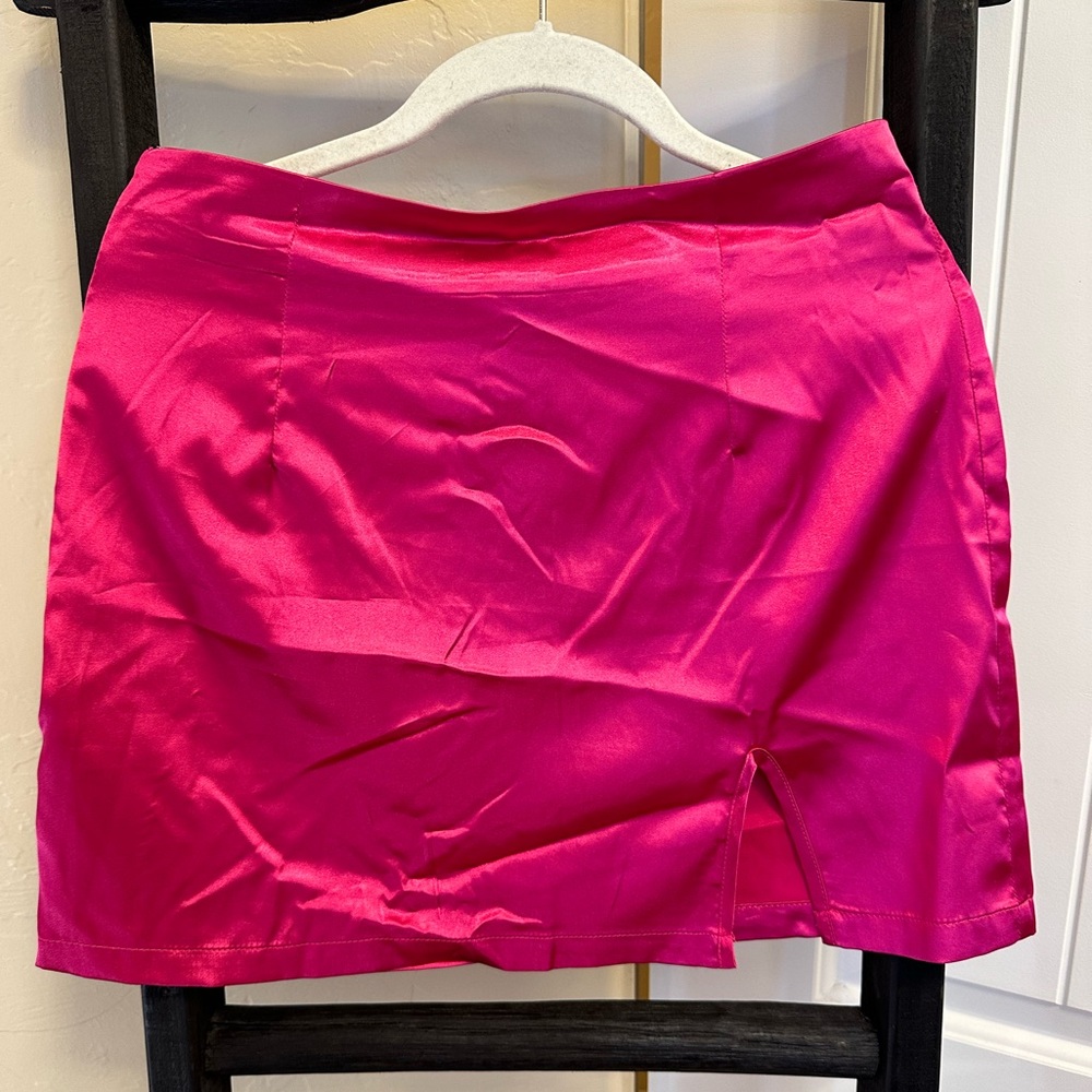Pink satin mini skirt